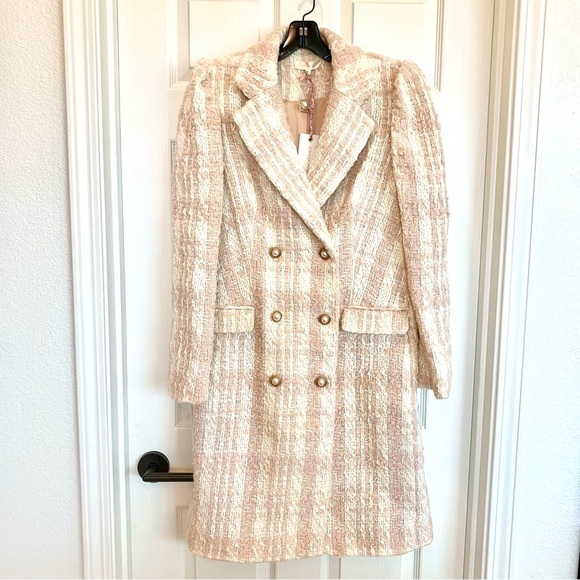 [🌟 PRICE FIRM] LoveShackFancy Plaid Tweed Pearl Button Long Trench Coat - Picture 4 of 16